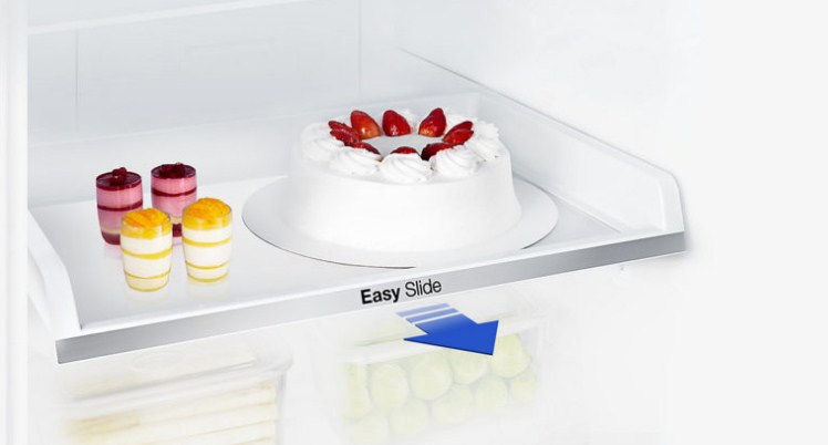 Полки для продуктов в моделях холодильников Samsung имеют возможность выдвигаться на несколько сантиметров